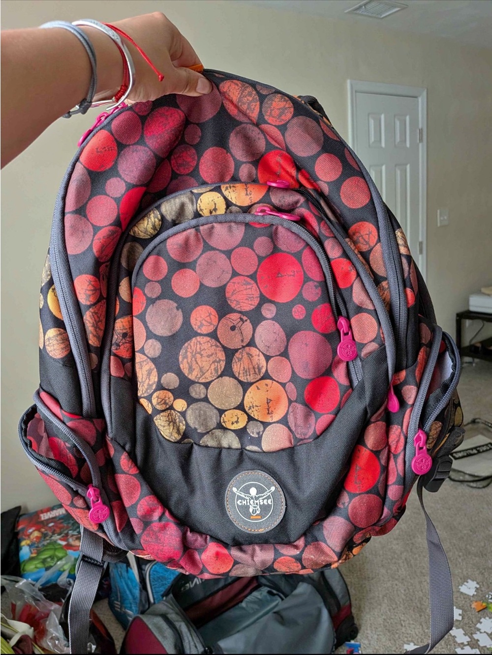 Men's Multicolor Dot-Print Backpack - Red/Orange Accents